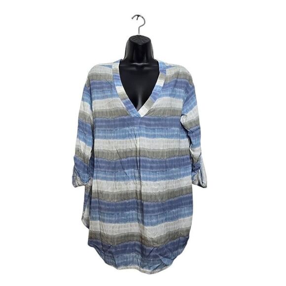 H Halston Blouse Size XS Stripe 3/4 Sleeve V-Neck Beach Vibes - Picture 1 of 7